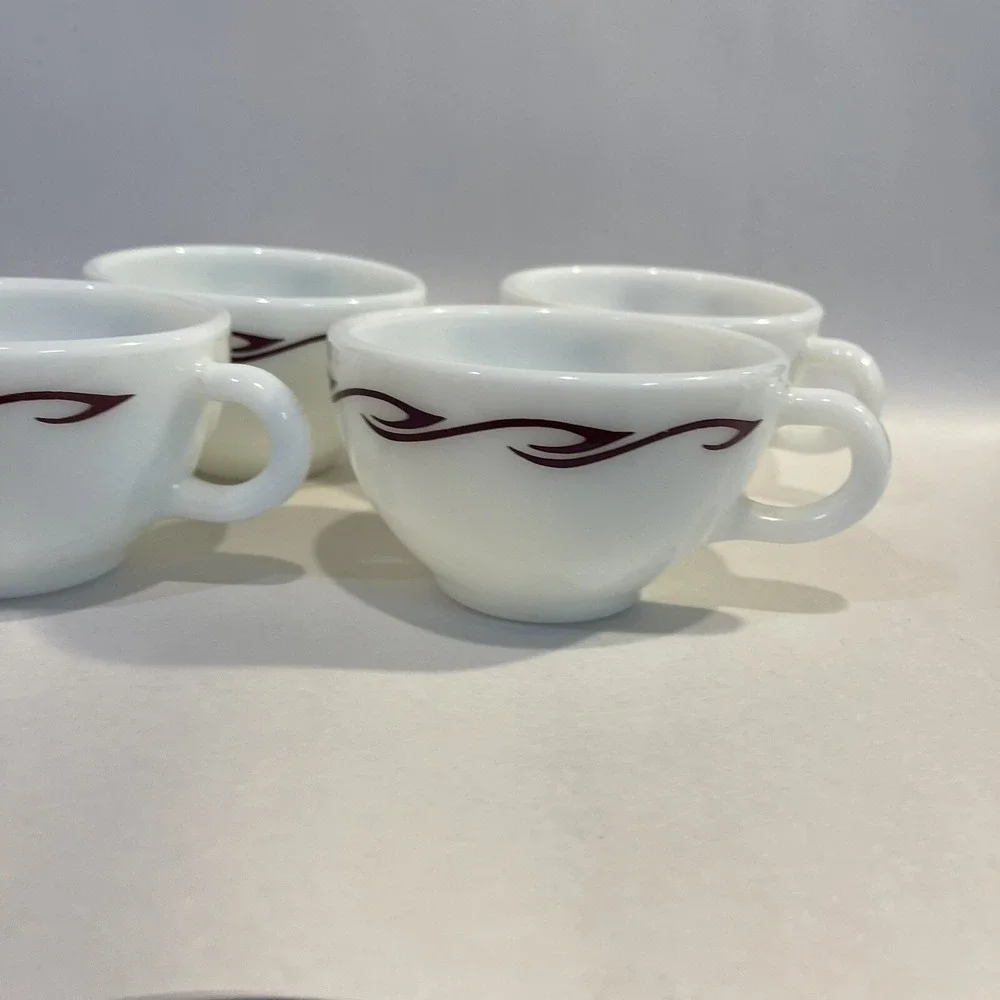 Vintage Pyrex Teacups Coffee Corning‎ Milk Glass Restaurant Ware Maroon Waves
